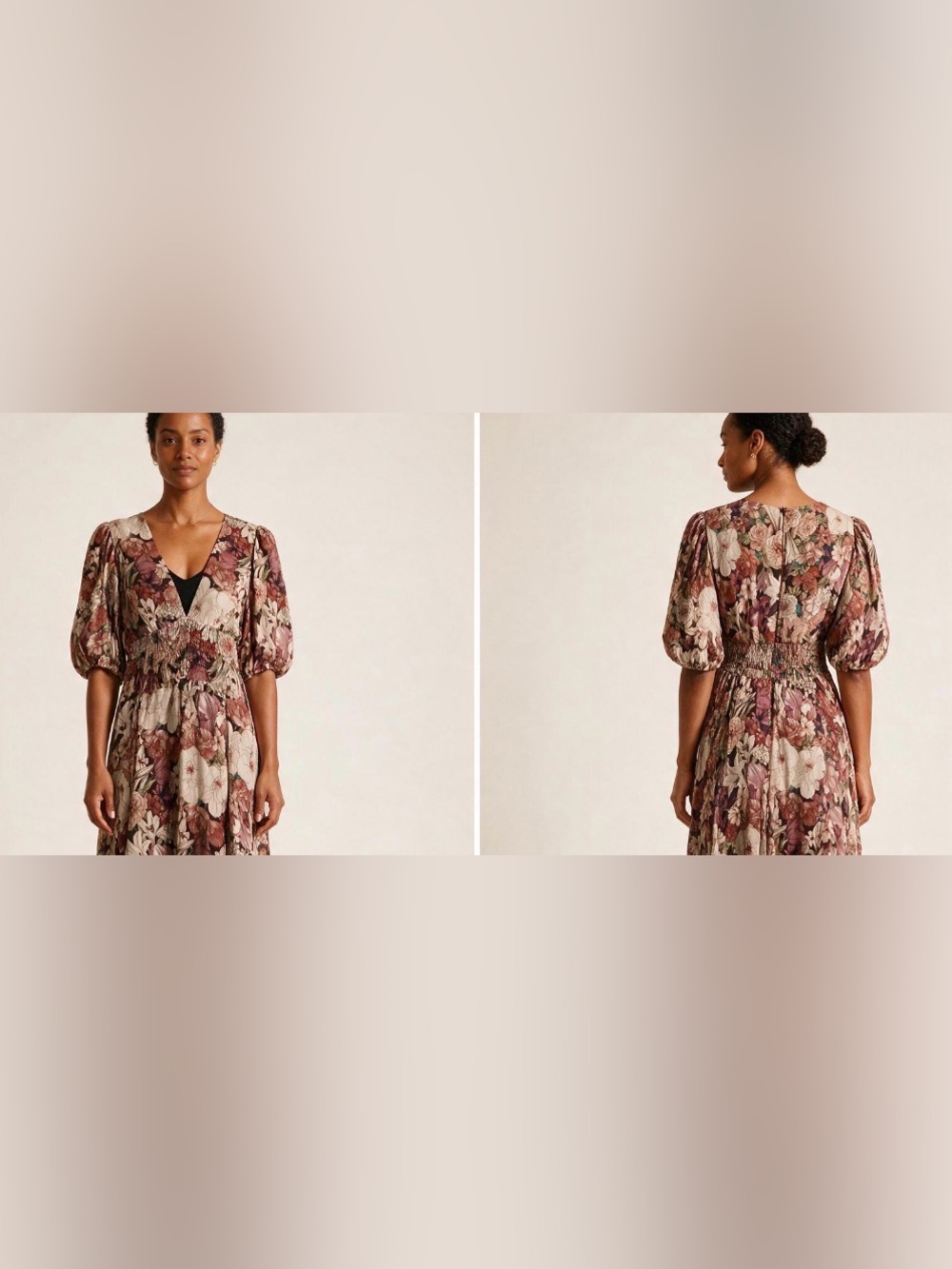 NWT Lavender Brown Floral Puff-Sleeve Mini Dress in Beige and Mauve
